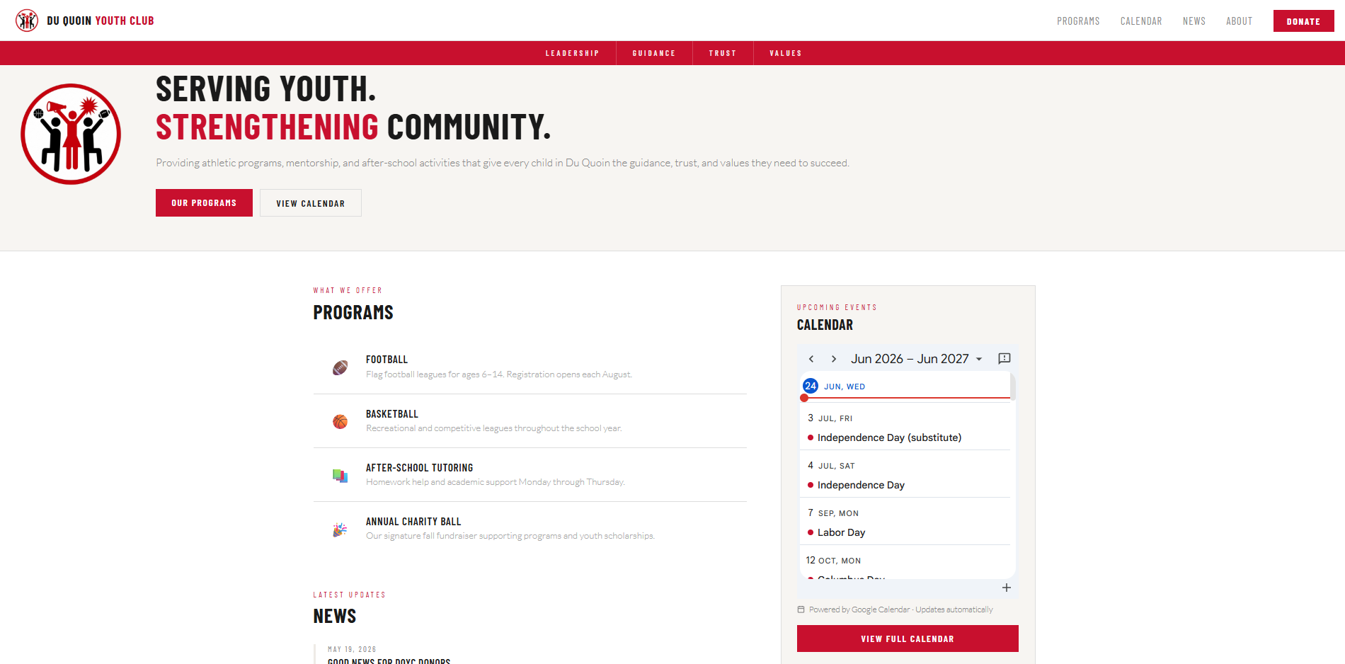 Screenshot of the Du Quoin Youth Club website homepage